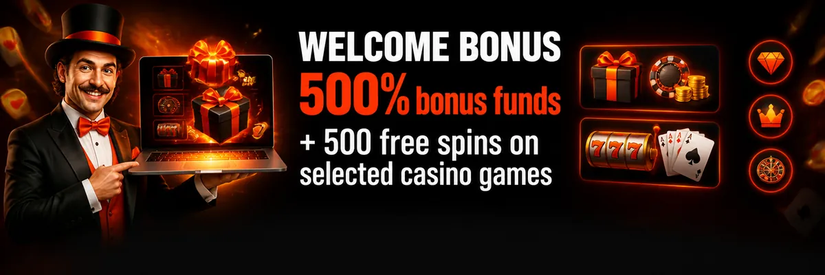 Cheerful top-hatted casino host presenting a laptop beside a bold 500% bonus funds offer in a dark Lucky Mister casino setting