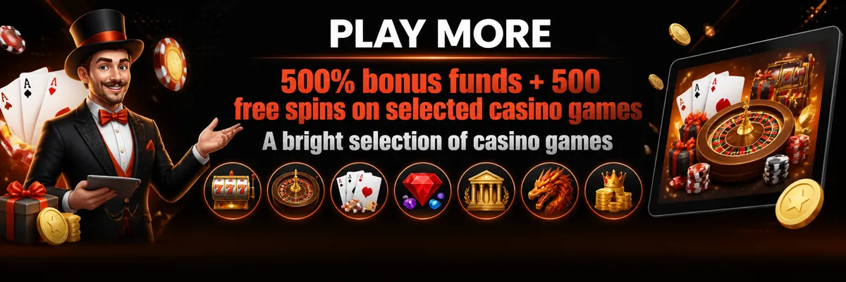 Cheerful formal casino host beside a tablet and game-category badges highlighting 500% bonus funds and 500 free spins