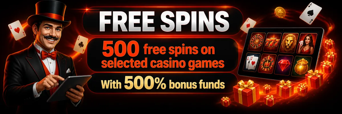 Top-hatted Lucky Mister casino host holding playing cards beside an offer for 500 free spins on selected casino games